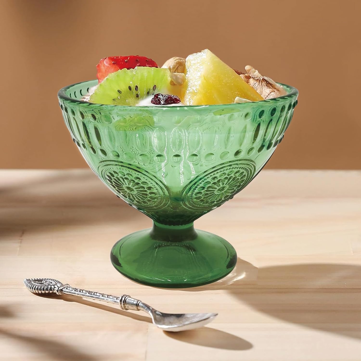 6PCs Set Small Cute Footed Embossed Glass Dessert Bowls for Dessert, Sundae, Ice Cream, Fruit, Salad, Snack, Cocktail, Condiment 7.44oz with 6 Pcs Flower Spoons - Image 4