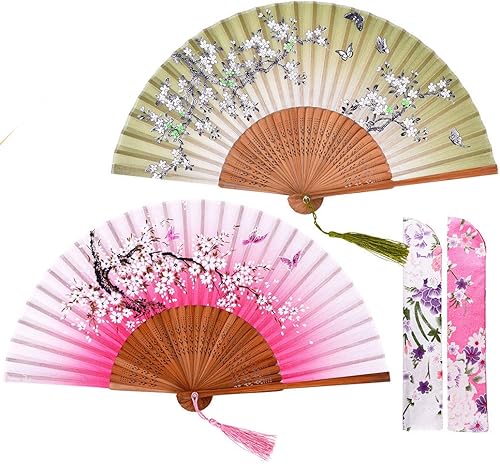Amajiji Abanicos chinos japoneses plegables para mujer, abanicos de mano de seda de bambú, perfectos para fiestas, bodas, bailes, decoración,
