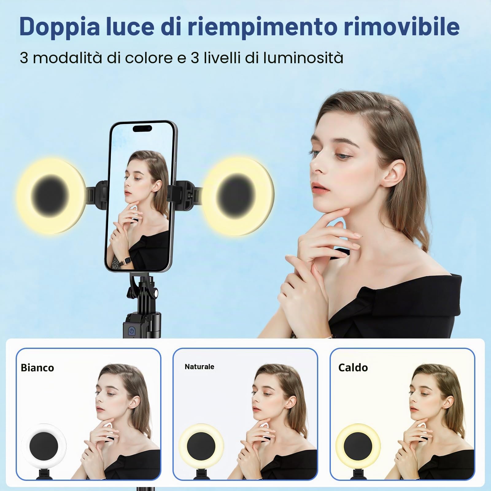 Automatico Volto Rilevamento Treppiede con Luce,180cm Bastone Selfie,360° Rotazione Treppiede per Telefono con Sensore di Movimento,Supporto per Telefono con iPhone e Android per viaggi,/vlog/stream