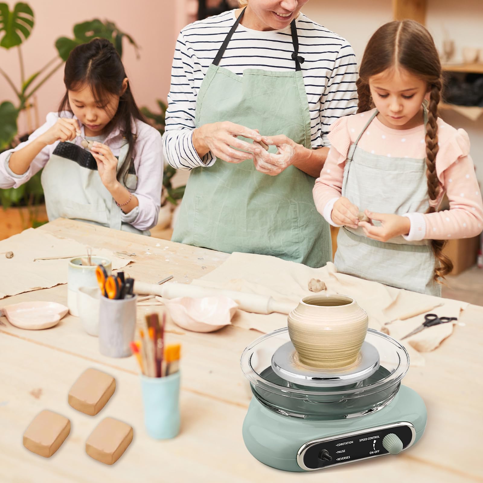 Kit de Poterie pour Enfants, Mini Tour de Poterie Électrique, Machine à Poterie Travail Céramique DIY Double Contrôle avec Pédale Machine Tour Argile Amovible, pour Débutants Activité Manuelle