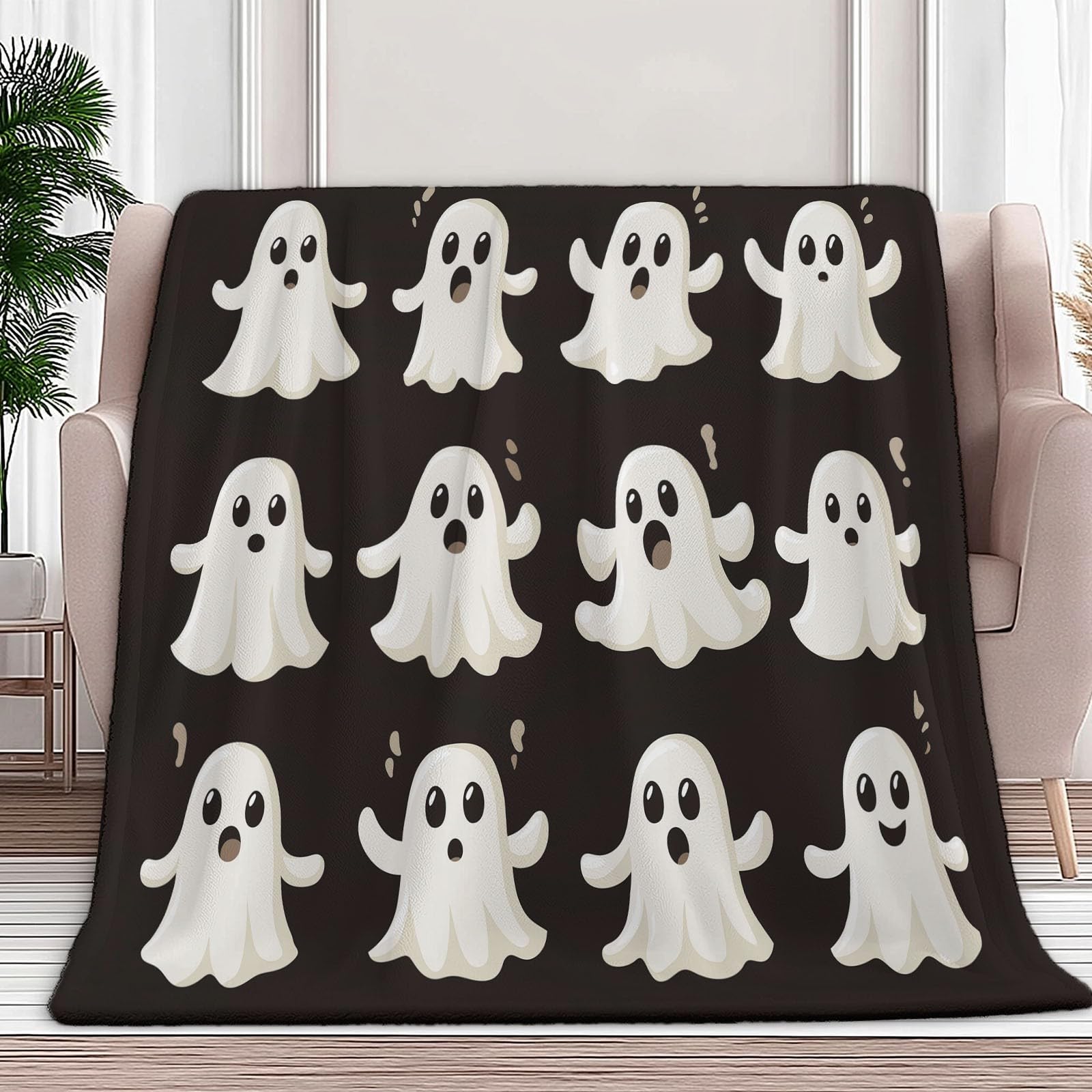 Générique Koc w kratę 150 x 200 cm Małe duchy na Halloween to gracze, bardzo miękki koc flanelowy z nadrukiem, narzuta na sofę premium dla nastolatków i dorosłych, czarny