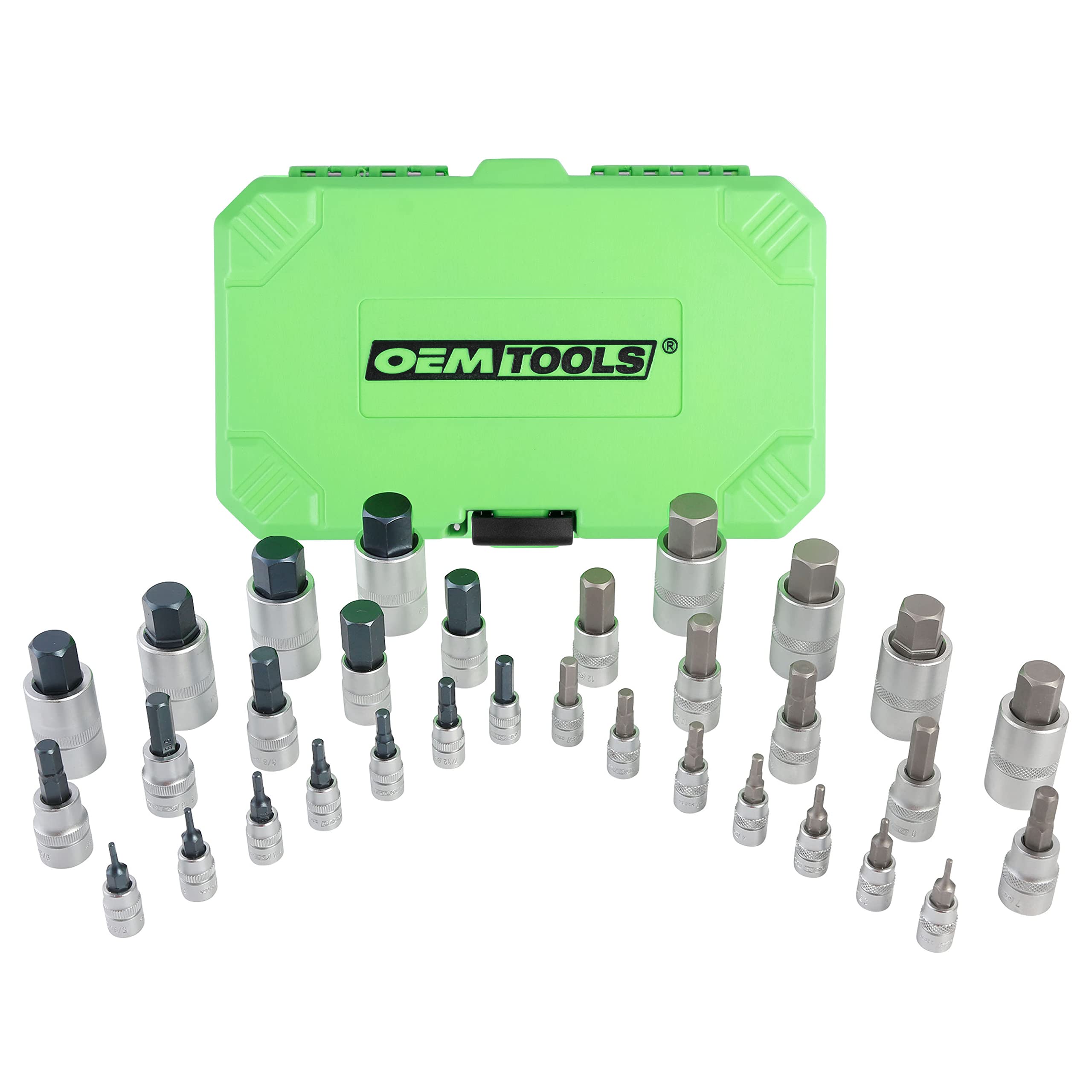 OEMTOOLS 22989 Juego de 32 llaves de vaso hexagonales, SAE y métricas, juego de llaves de vaso hexagonales de 1/2", 1/4" y 3/8" métrico y SAE incluido