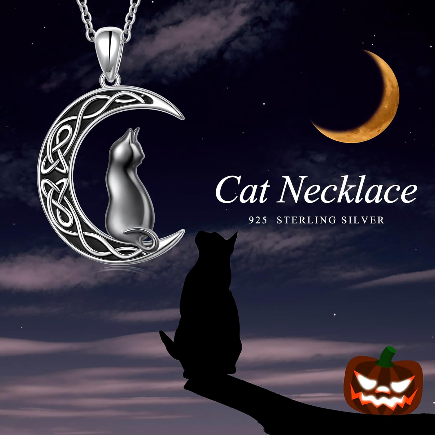 S925 Sterling Silver Celtic Knot Moon Black Cat Pendant Necklace Cute Animal Jewelry for Women Friends Animals Lover - Image 6