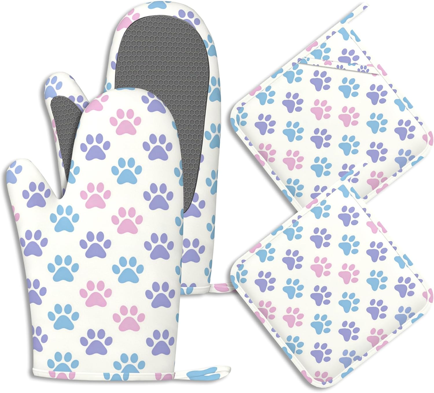 Oven Mitts and Pot Holders Sets Cats Dogs Paws Print Silicone Kitchen Mits Potholders Animal Footprints Heat Resistant 4Pcs Oven Gloves Hot Pads for Baking Cooking BBQ Grilling Home Decor