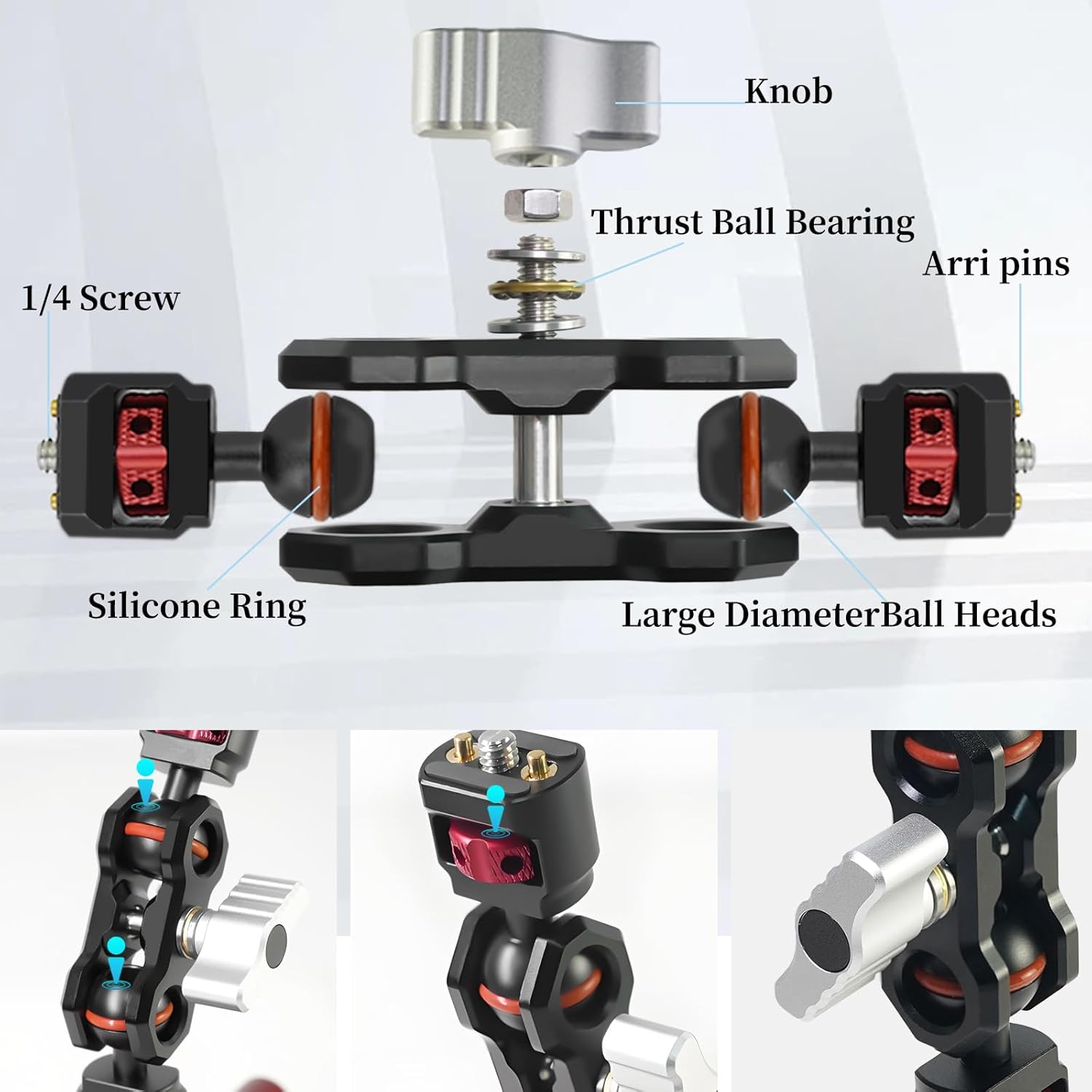 CNC Machined 4.5in Suction Cup Camera Mount with Ball Head Magic Arm, 1/4" ARRI Holes, Quick Release Car Mount with Phone Holder&Action Camera Adapter Compatible with DJI OSMO Pocket3 Insta360 iPhone - Image 4