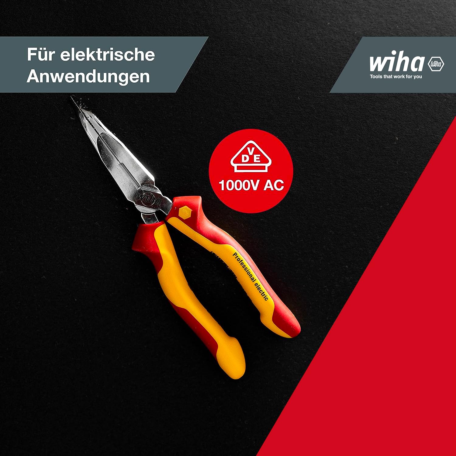 Wiha Alicates de boca semi-redonda Professional electric con filo de corte, con forma curvada, aprox. 40° 200 mm, 8" (27425)