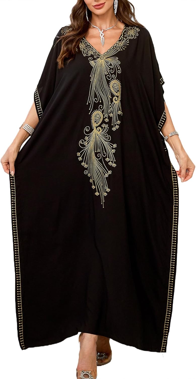 Women V Neck Embroidery Kaftan Dress Loose Casual Beach Cover Up Long Caftans Maxi Dresses