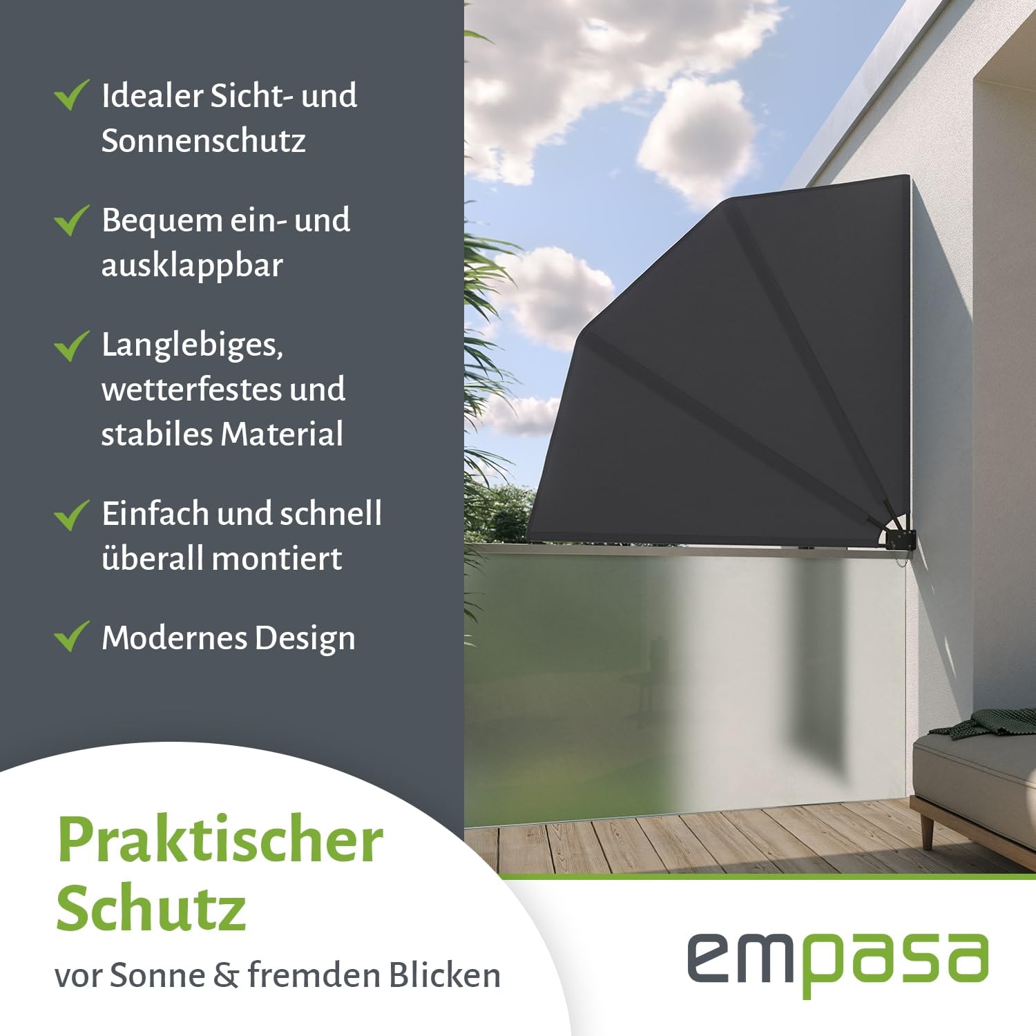 Balkonfächer Sichtschutz Sonnenschutz Balkonsichtschutz Balkonmarkise Trennwand mit Wandhalterung, Farbe:grau, Größe:120 x 120 cm