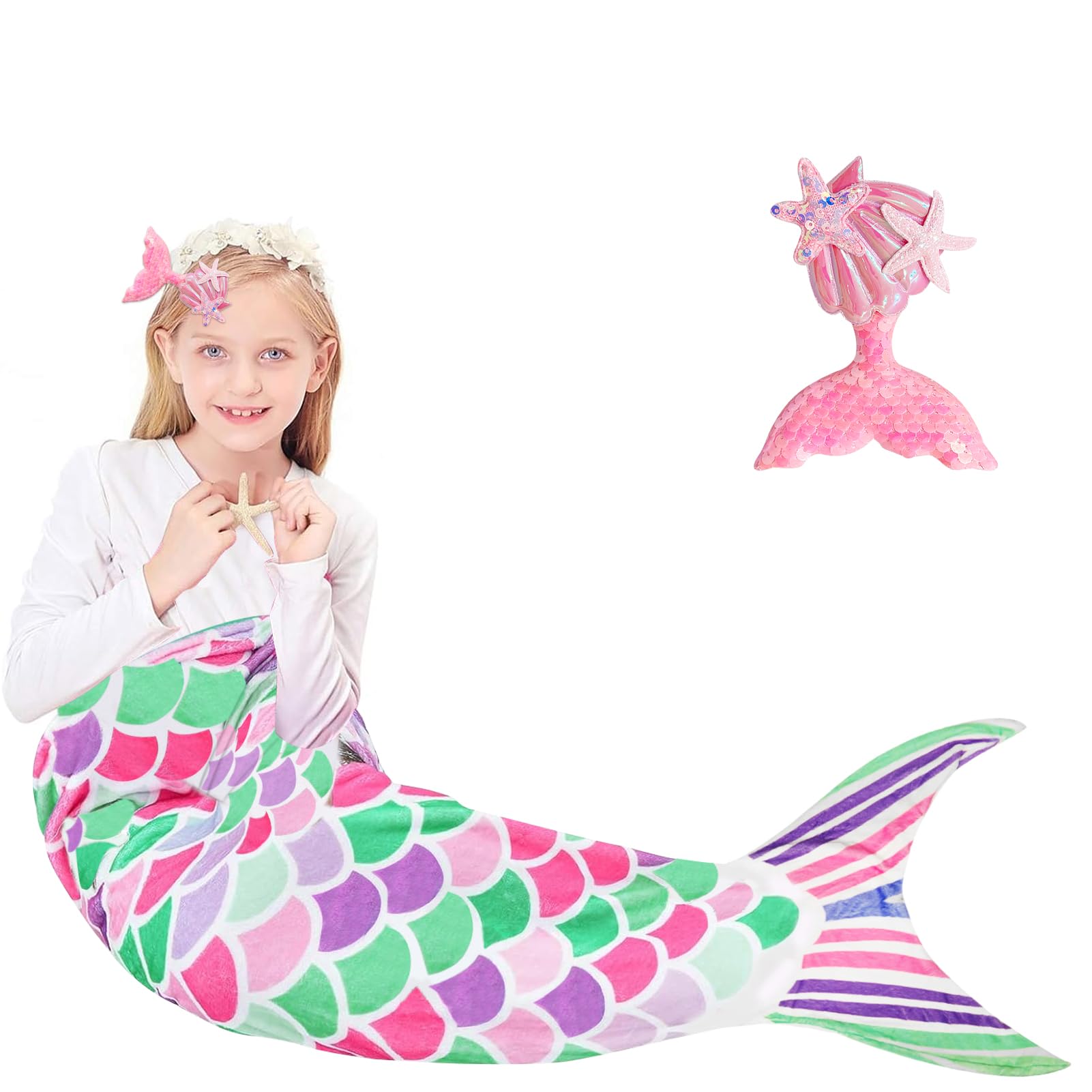 Manta de cola de sirena, 110 x 40 cm, manta para niñas, con estrellas brillantes, horquilla de lentejuelas, suave y cálida manta de felpa