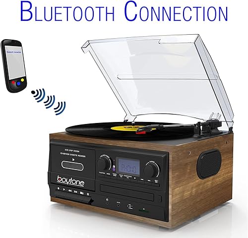 Miniatura 7 de Boytone BT-32W Bluetooth - Tocadiscos clásico todo en uno con radio AMFM, reproductor de CDcassette, altavoces estéreo, grabación de vinilo, radio y