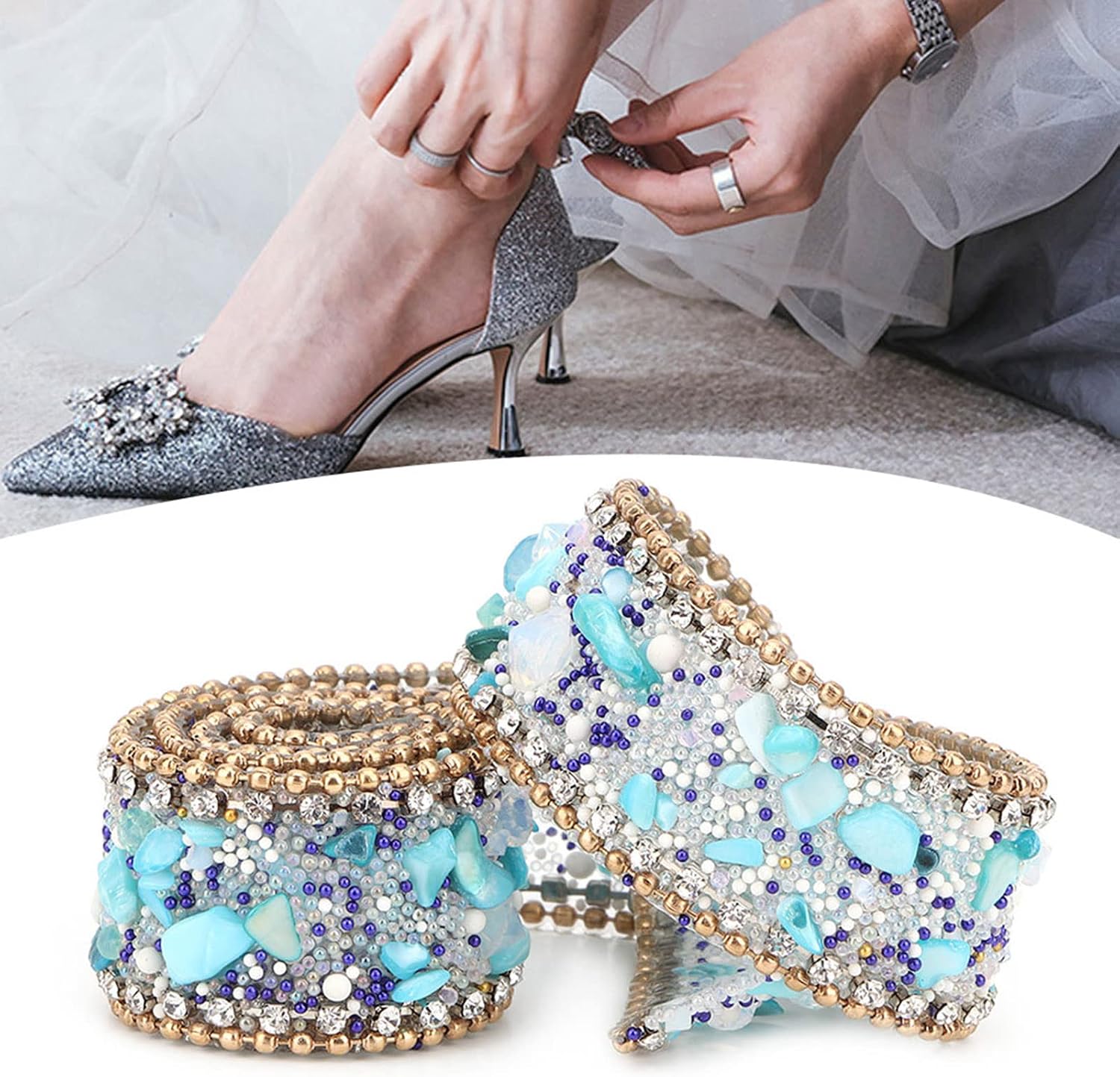 Crystal Mesh Ribbon, Rhinestone Trim Wrap for DIY Party Decor Crafts (Blue Stone + Gold Bead Chain)
