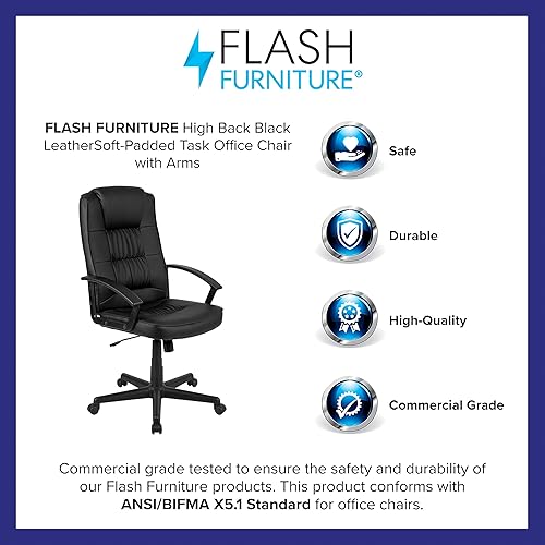Miniatura 4 de Flash Furniture Biscayne Flash Fundamentals - Silla de oficina acolchada de cuero negro con brazos