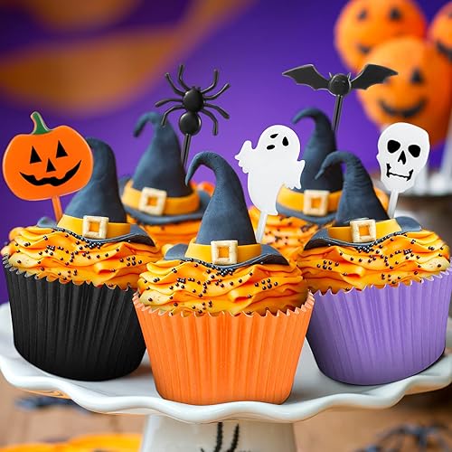 Miniatura 5 de Juego de 150 púas de Halloween – 50 palillos de plástico para cupcakes con 100 forros de papel para magdalenas, envoltorios de magdalenas, tazas