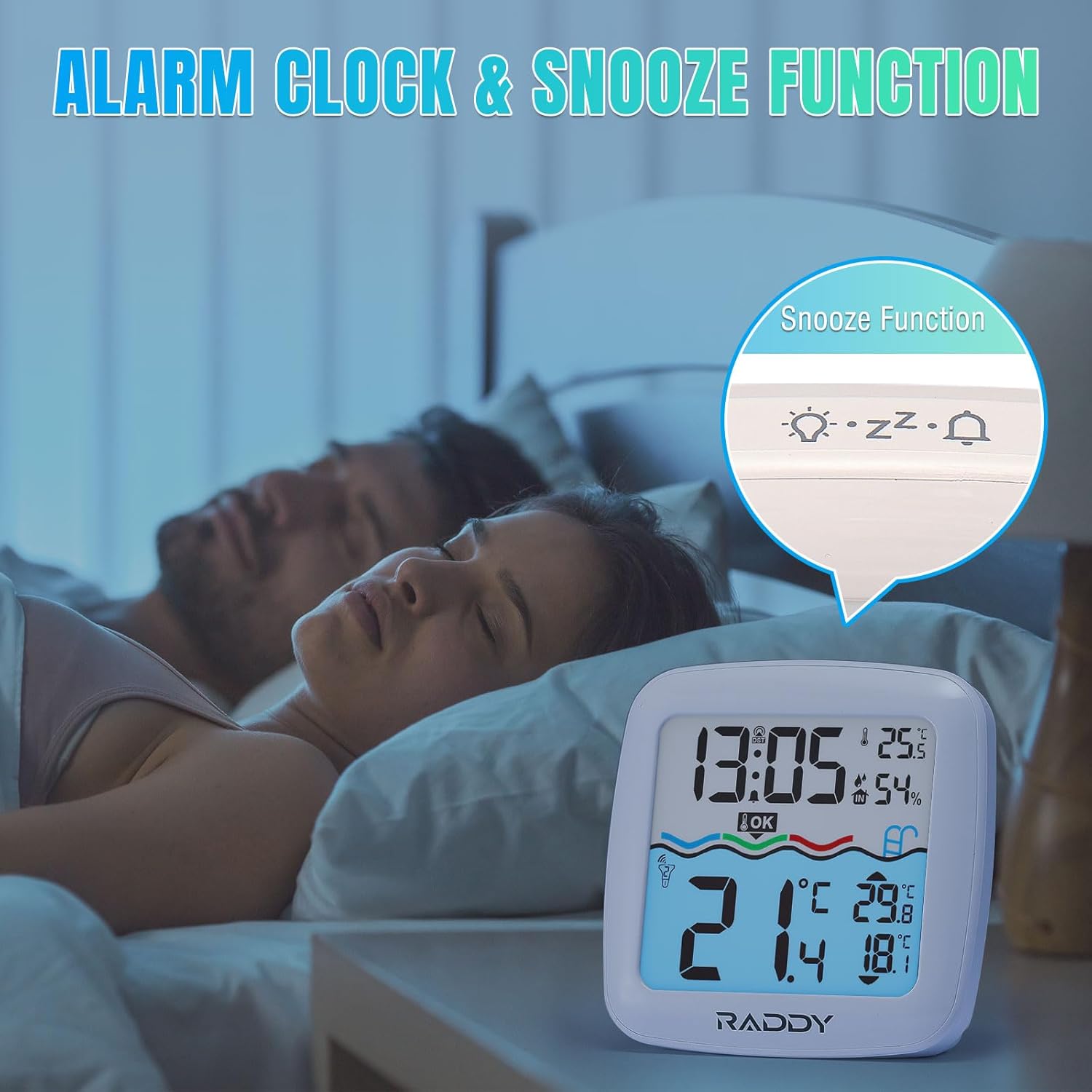 The Raddy PT-5 TN indoor display unit showing time, indoor temperature and humidity, and water temperature, with an alarm clock and snooze function highlighted.