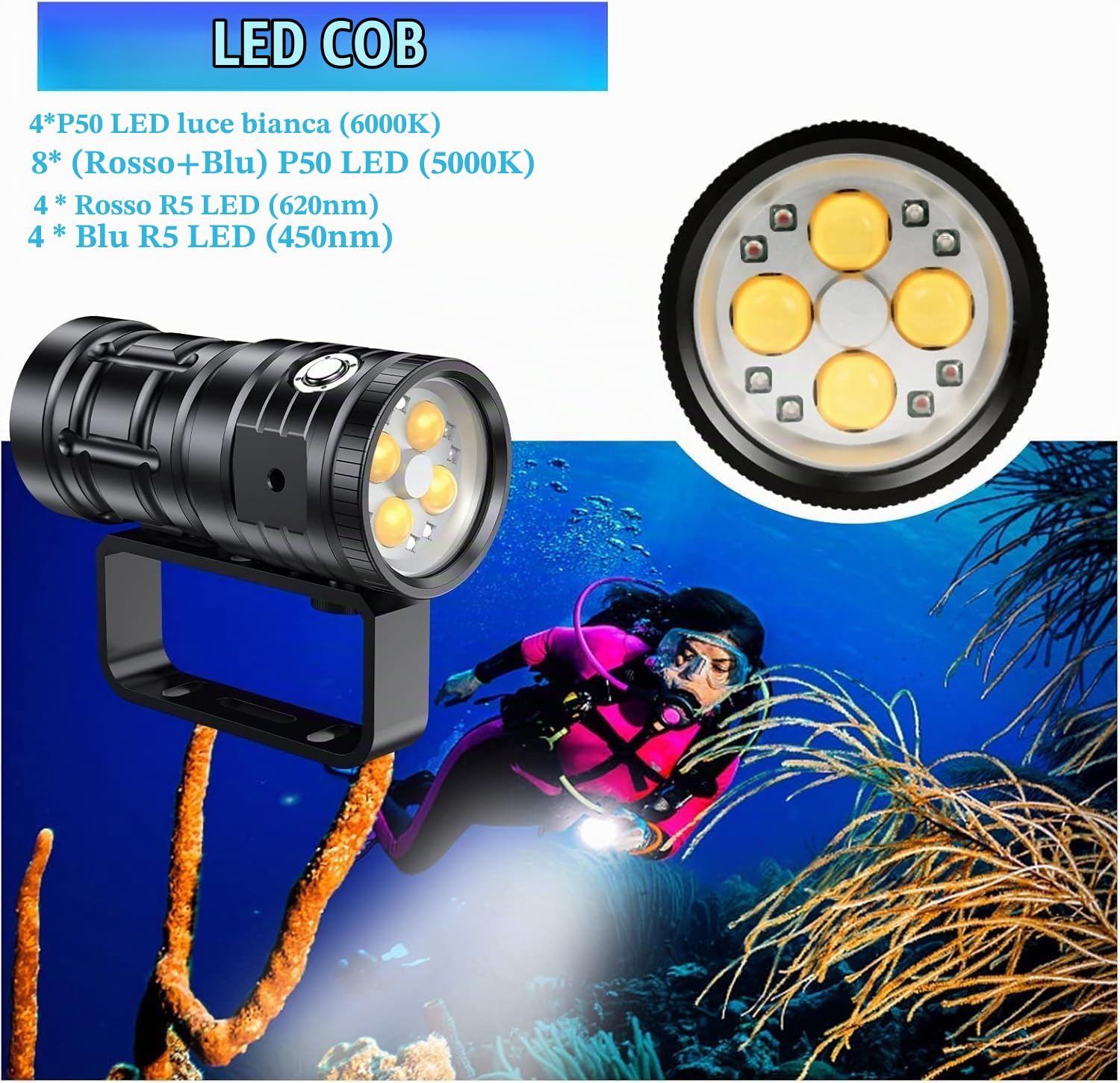Subacquea per la Fotografia Subacquea, Torcia Subacquea Super Luminosa da 3300 Lumen, Luce Video Subacquea Impermeabile da 100 Metri Con Ricarica Type-C, Professionale per l'Illuminazione Subacquea