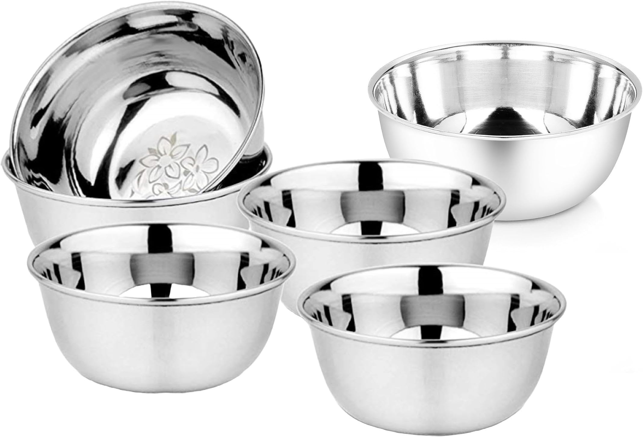 KC Stainless Steel Heavy Gauge Bowl/Wati Set With Mirror Finish And Flower Printed Design [10.5 Cm, Set Of 6 Piece], 200 ML