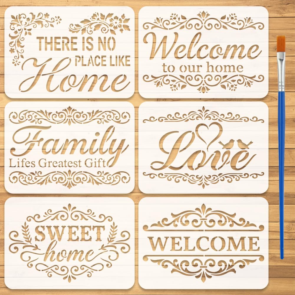 FINGERINSPIRE 6Pcs Vintage Words Stencils with a Brush 29.7x21cm Sweet Home Painting Stencils PET Text Themes PET Template for Painting on Wood Floor Tile Wall Fabric Furniture Scrapbook DIY