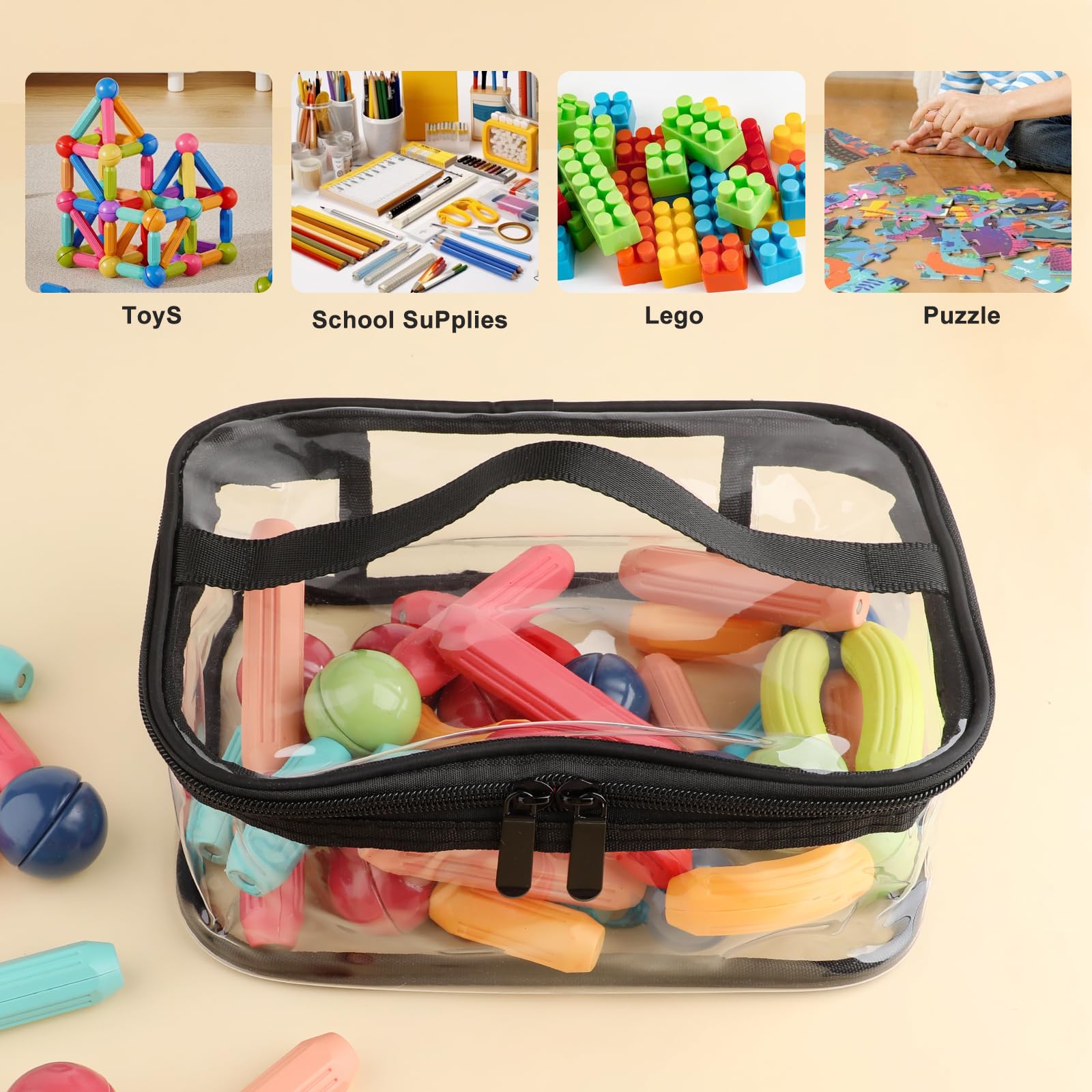 6 bolsas pequeñas de almacenamiento de PVC para juguetes, bolsa de maquillaje transparente impermeable, bolsa de almacenamiento de viaje transparente con asa, bolsas organizadoras con cremallera para