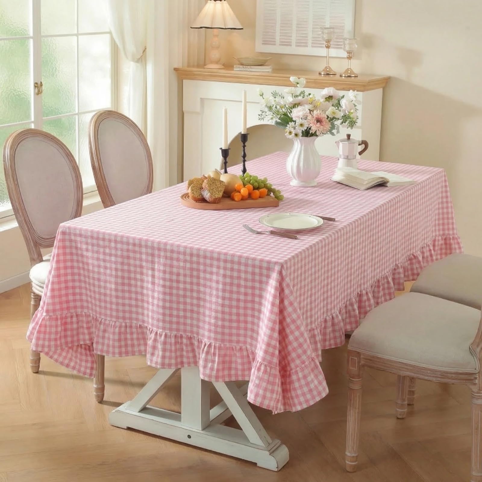 Fansu Mantel Rectangular con Volantes, Algodón y Lino Lavable, Mantel Rústico con Borde Fruncido para Mesa de Comedor, Cocina, Boda, Fiesta, Rectangular/Ovalado/Cuadrado (Cuadros Rosas,140 * 260CM)