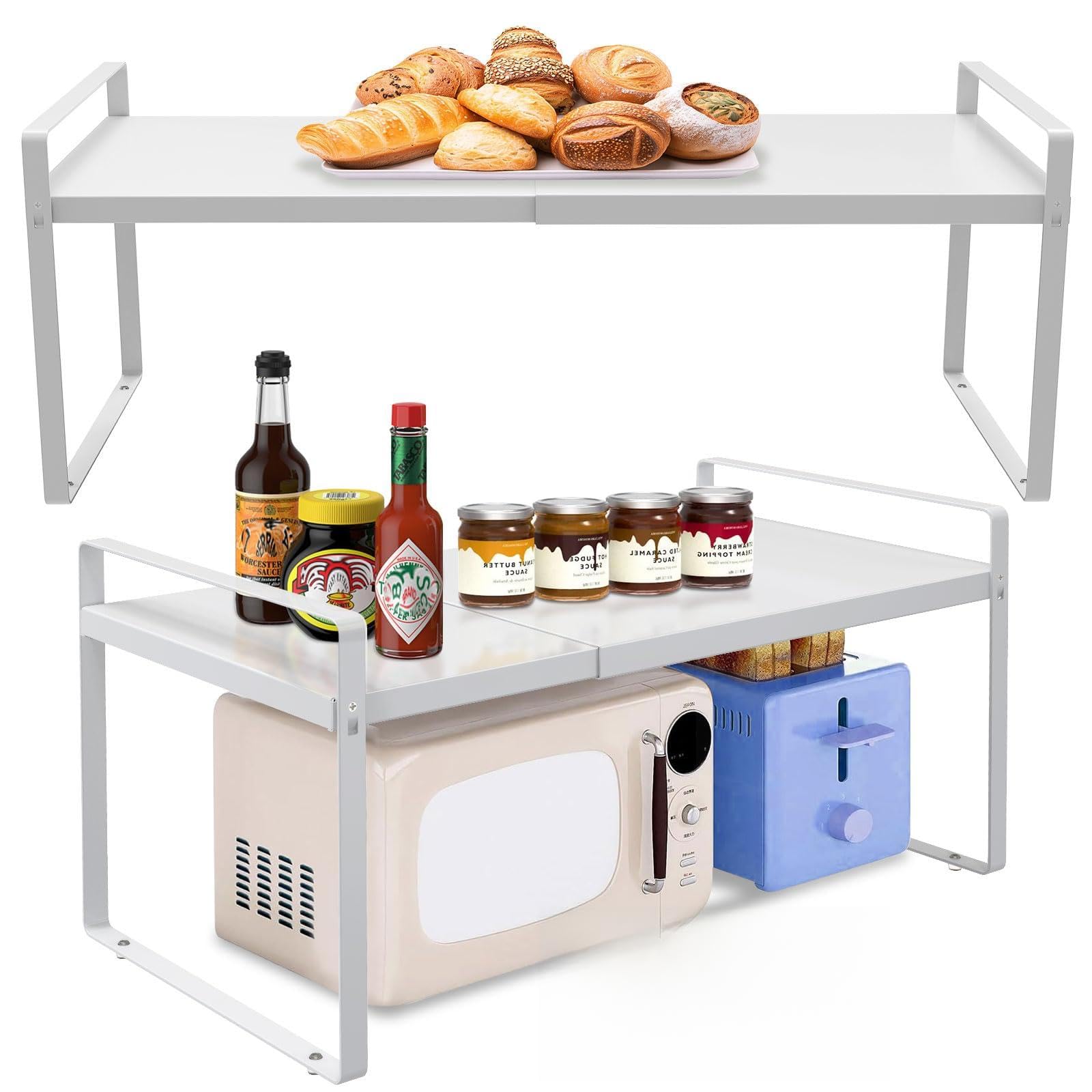 KOMOHOM Adjustable Kitchen Shelf Organizer 9", (2 Pack) Heavy-Duty Cabinet Shelves for Countertop, Pantry & Microwave, Expandable Space-Saving Storage