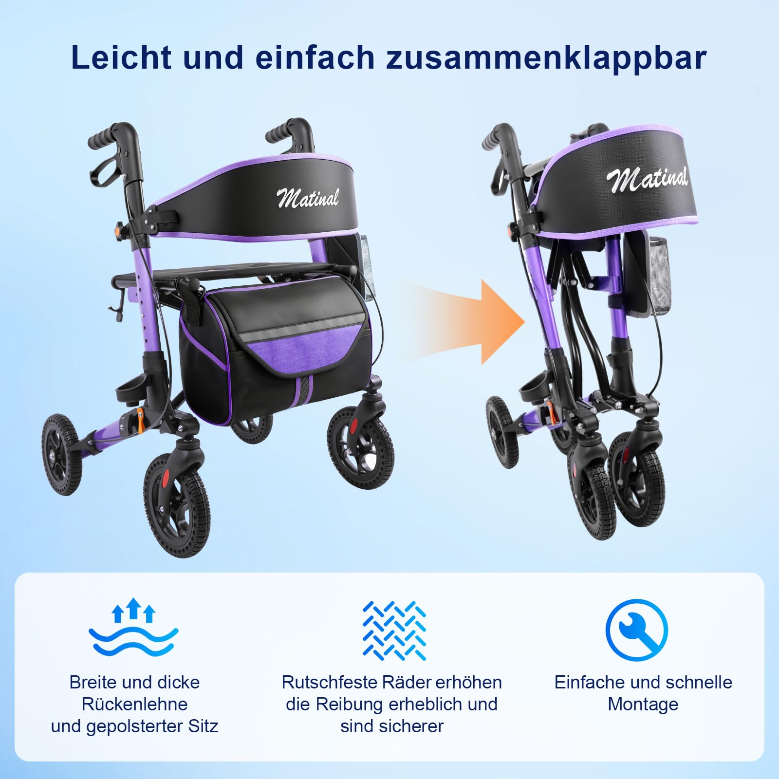 Andador para personas mayores, ligero, plegable, todo terreno, con asiento, aluminio con ruedas de goma de 20 cm (morado)