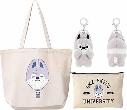 Set Fan Kpop SKZOO Stray Kids – Sac Bandoulière + Trousse + Porte-Clés – Cadeau Fans, Beige, 45x35x15 Cm