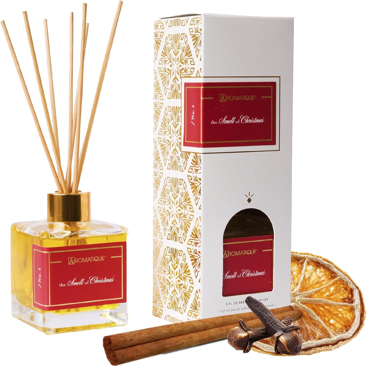 Aromatique The Smell of Christmas Reed Diffuser Set – Fall Scented Home Fragrance with Clove, Orange, Cinnamon, Spice, Wood – Decorative Glass Bottle & Reeds – Long-Lasting Flameless Aroma – 5 fl oz