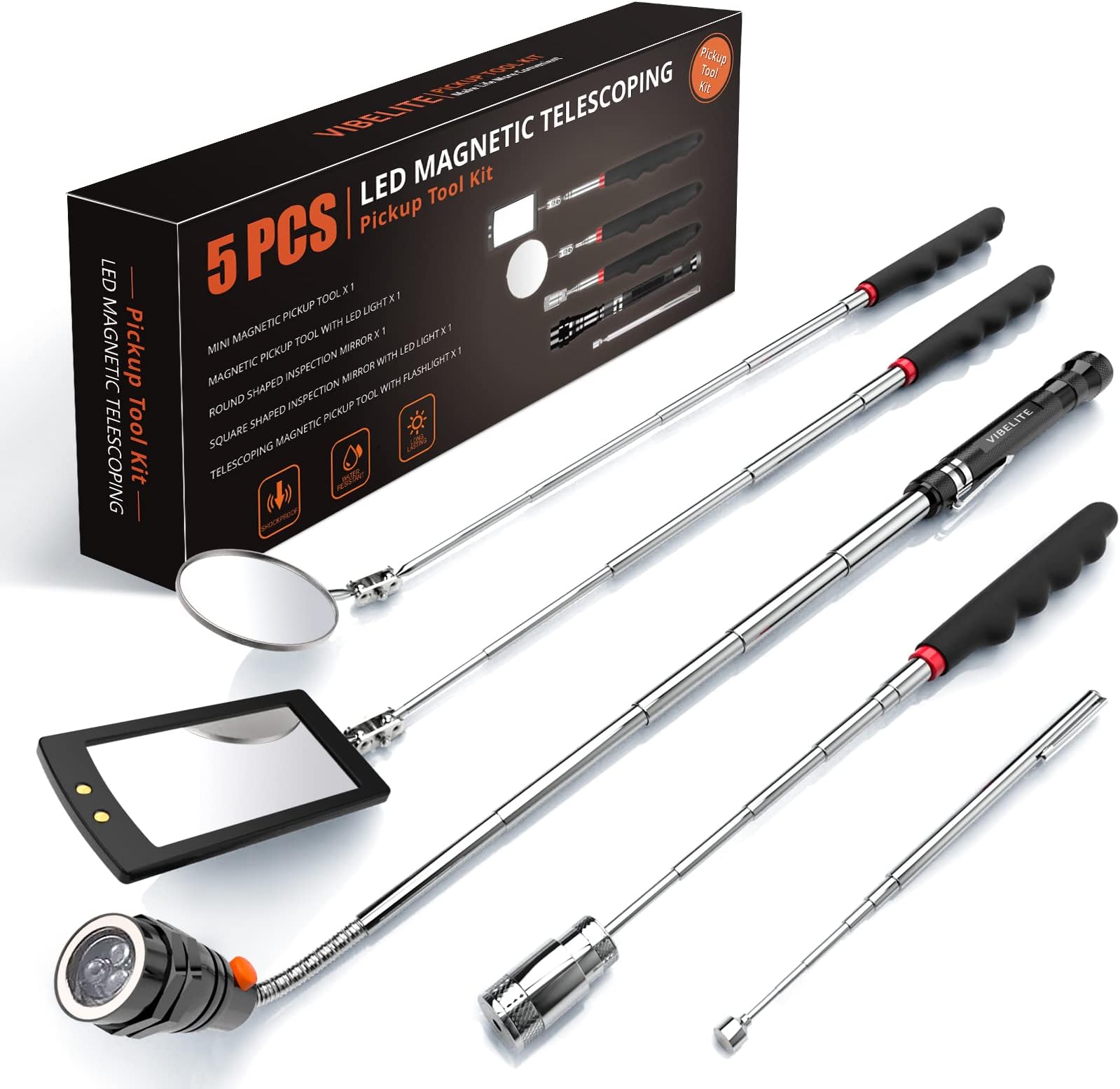 VIBELITE Telescoping Magnetic Pick Up Tool with 1lb& 15lb Pickup Rod, Round& Square 360 Swivel Adjustable Inspection Mirror, Flexible LED Flashlight, Gifts for Men, Women, Him, Birthday Gifts for Men