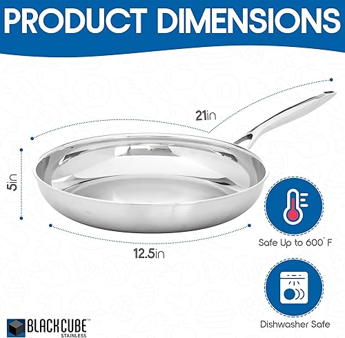 Miniatura 2 de Black Cube Sartén de acero inoxidable de 12.5 pulgadas, sartén de acero de grado profesional de 3 capas, plateada, apta para lavavajillas.