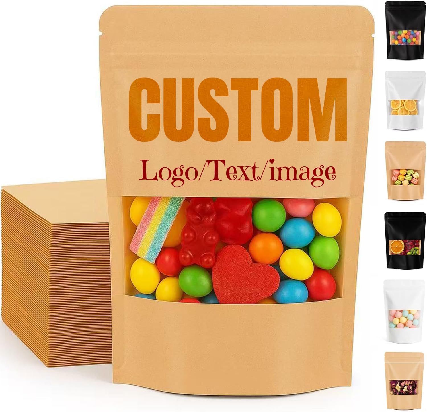 Custom Ziplock Stand Up Pouch Bags with Window – Personalized Resealable Packaging Bags for Coffee Beans, Cookies, Spices, Candies, Small Business & Gifts – Multi Colors & Sizes