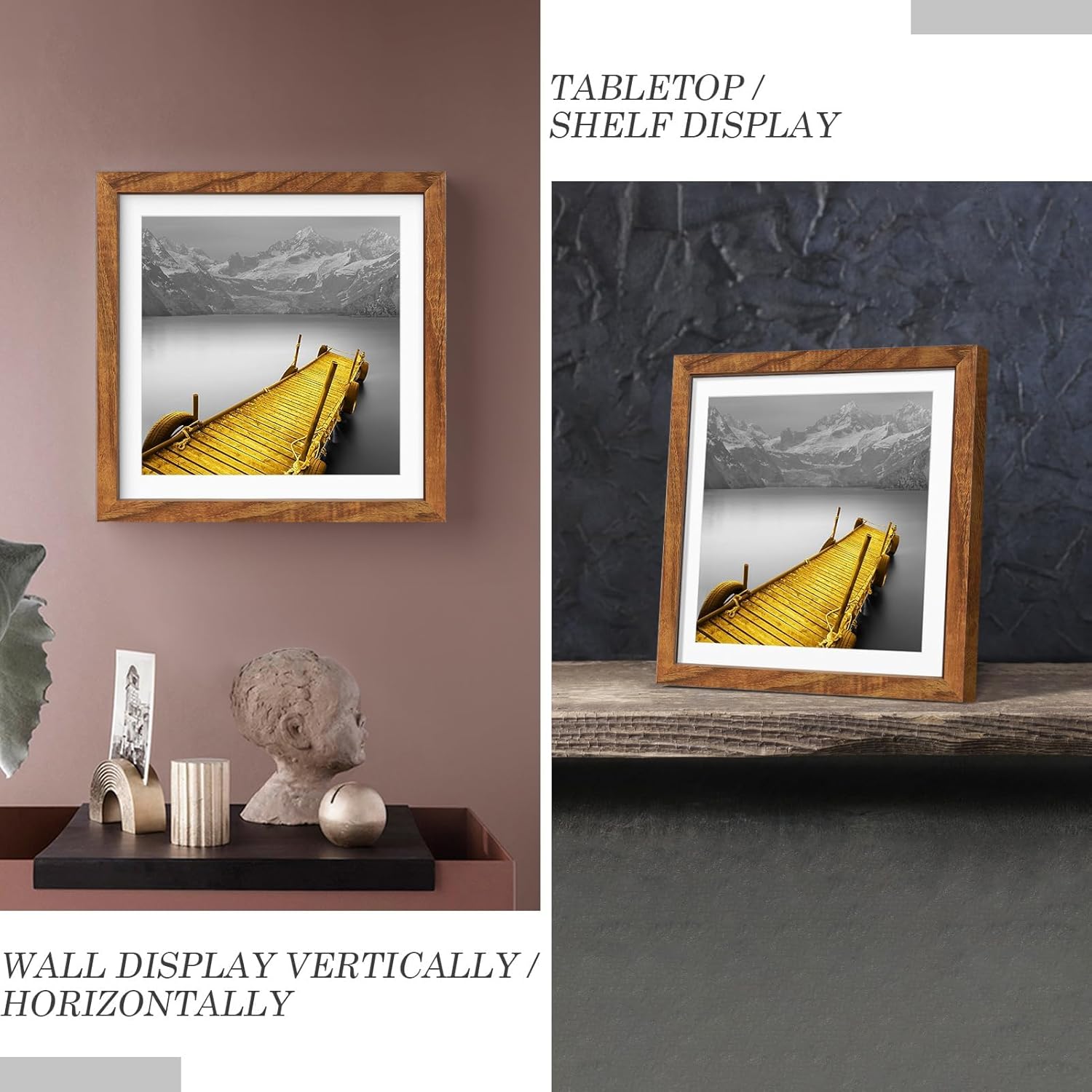 Tiblue 12x12 Picture Frames Solid Wood Display Pictures 10x10 or 8x8 with Mat or 12x12 without Mat - Each 12x12 Inch Square Photo Frames with 2 Mats Wooden for Wall or Tabletop Mount, Set of 2