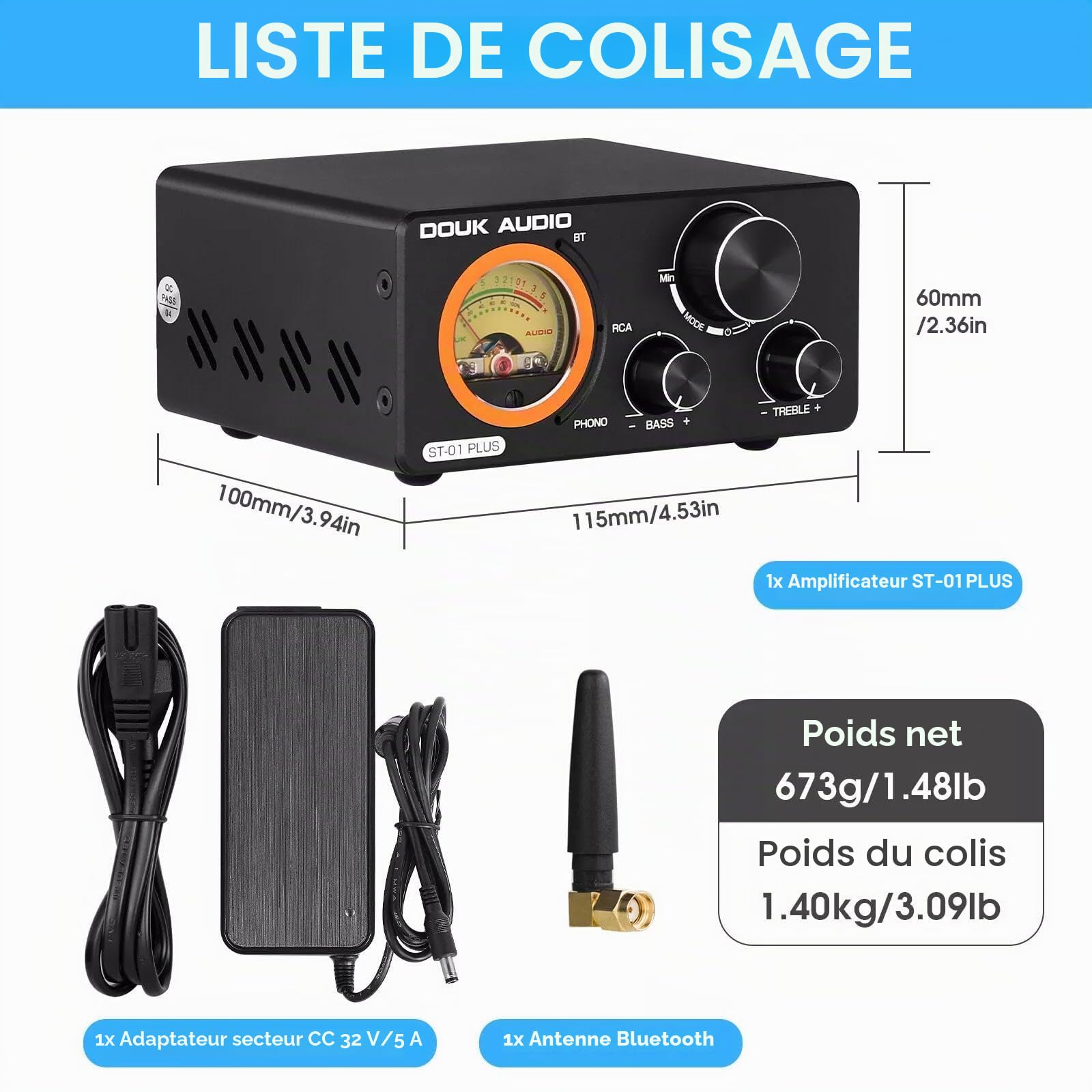 Hi-FI Bluetooth TPA3255 Amplificateur numérique VU Meter Tourne-Disque Amplificateur stéréo (ST-01 Plus)