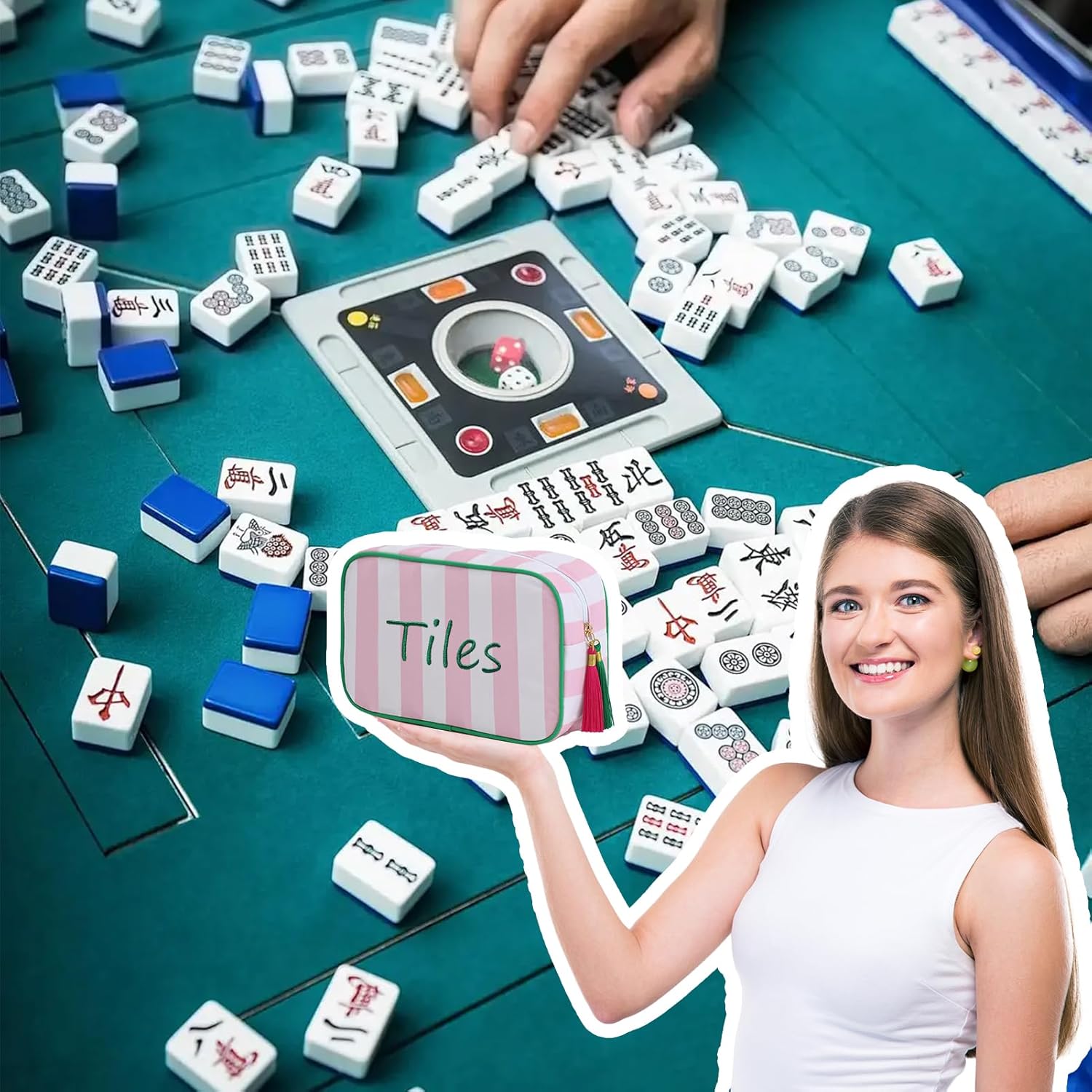Empty Mahjong Tiles Bag with 4 Pcs Acrylic Mahjong Line Finder Cards,Mahjong Tile Bags with Zipper for Game Party Travel Gatherings Accessories 9.4 x 6.1 x 3.1 in (Pink)