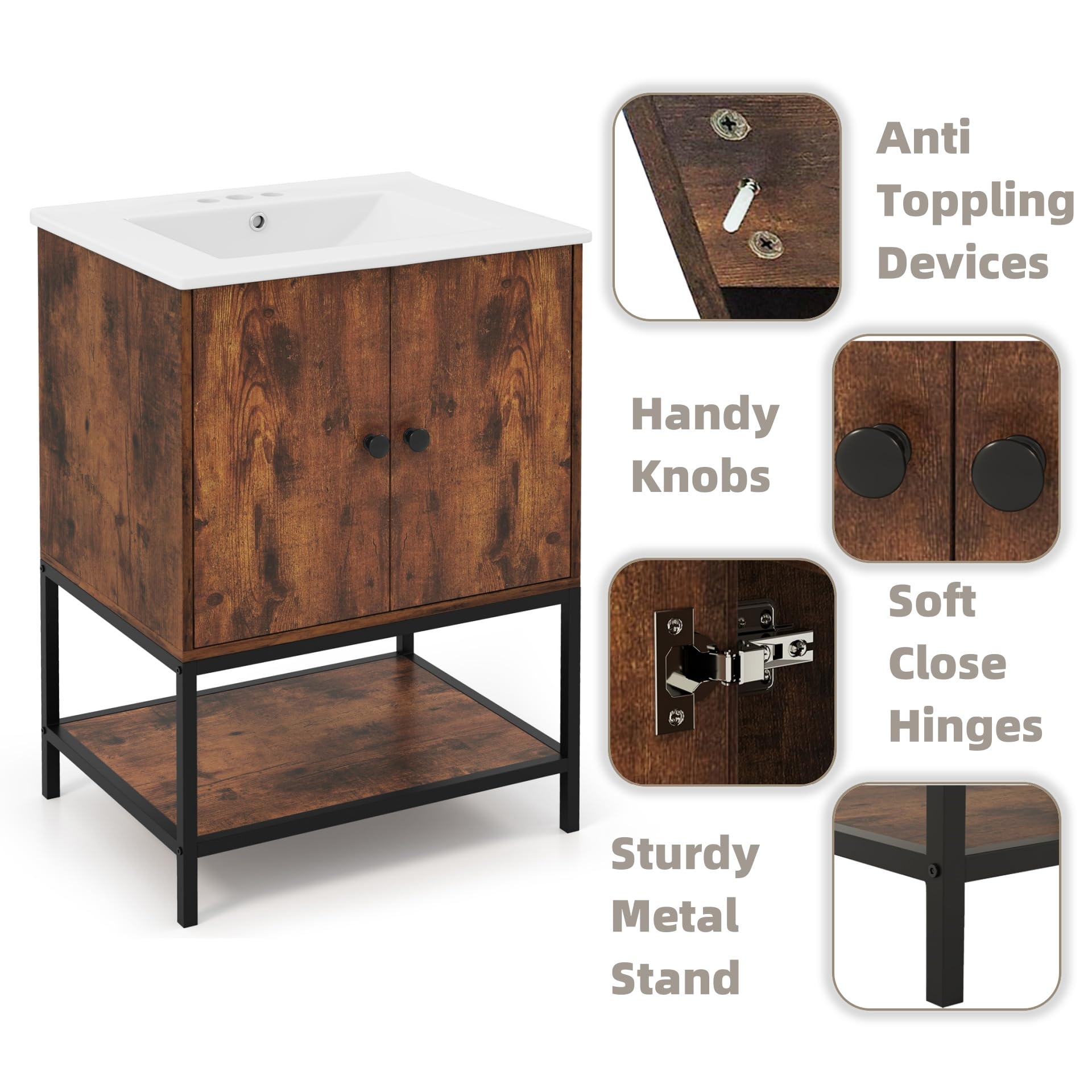 Mobile Bagno Con Lavabo LIFEZEAL - 61x46.5x87 Cm, Stile Vintage Marrone, Struttura In Ferro, 2 Ante, Ampia Capacità