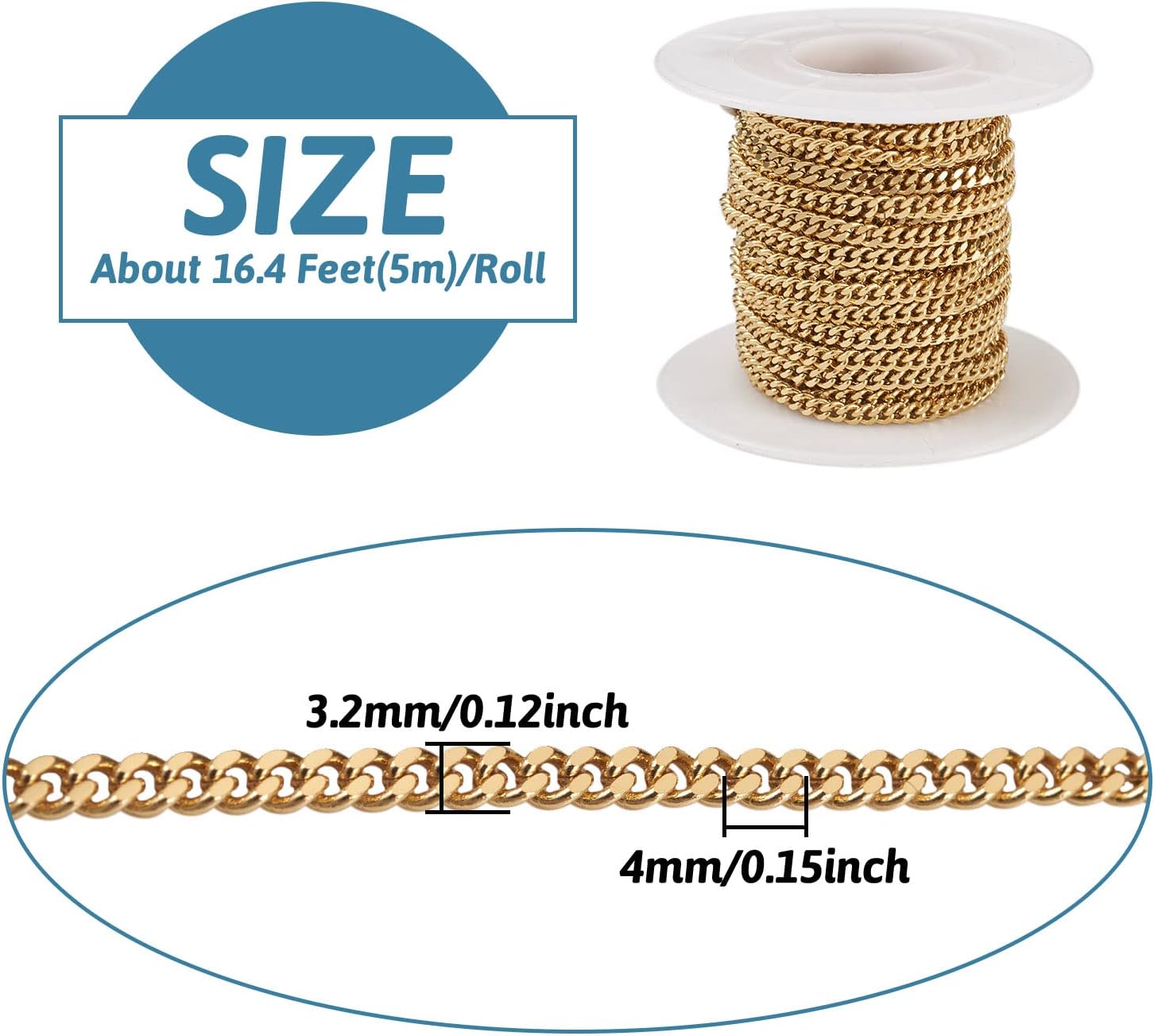 Pandahall 16.4 Feet Brass Curb Chain Link Real 18K Gold Plated Soldered Twisted Chain Necklace 3.1x3x1.5mm with Spool for DIY Jewelry Making - Image 4