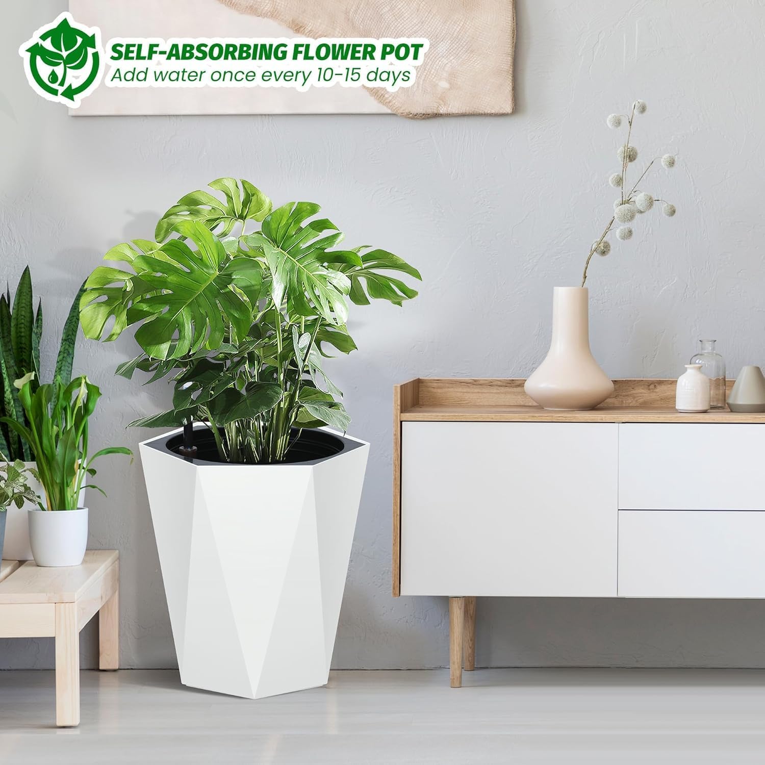 16 Inch Tall Tapered Planters Set of 2, Large Indoor Outdoor Flower Pots with Wheels Water Level Monitor & Trays for Patio Balcony Lounge