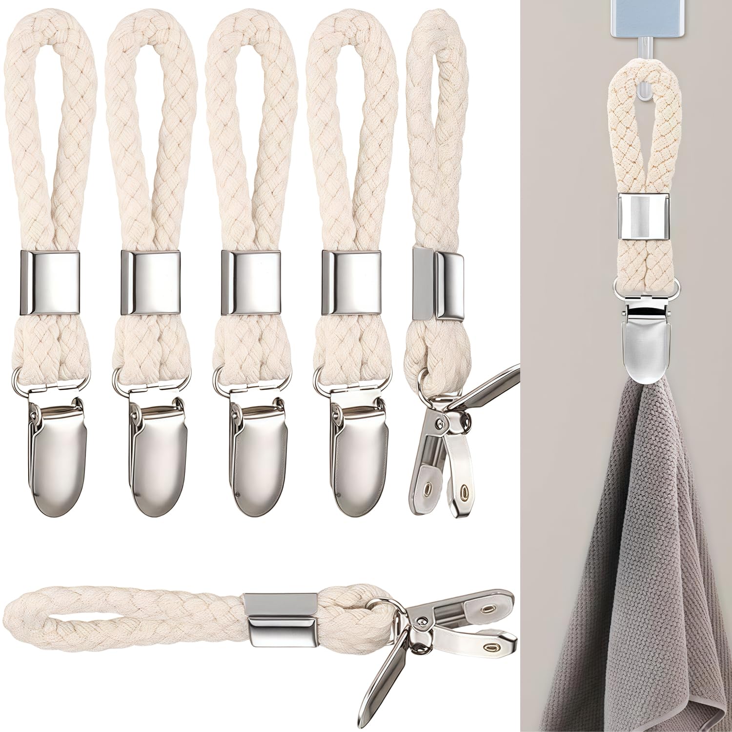 Ezranova Hanging Tea Towels Clip, 5 Pcs Brackets-Braided CottonTowel Clips with Hanging Loop, Cloth Hook Clip Hangers for Home Kitchen Bathroom Cupboards Cloth Hanger Holder Loop