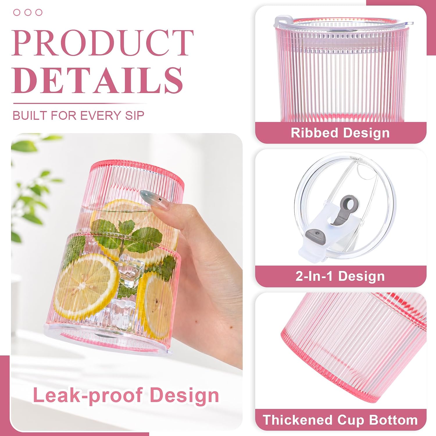 4 Pcs 15oz Plastic Tumblers with Lids and Straw Ribbed Iced Coffee Cups Pink Reusable Plastic Cups Leak-Proof Travel Iced Coffee Tumblers for Home Office Travel with Clean Brush image 3