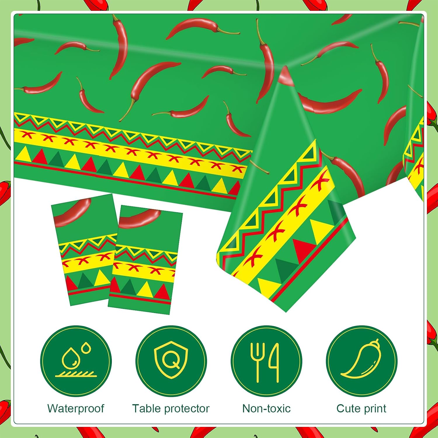 Peryiter 4 Pcs Chili Cook Off Party Tablecover, Chili Pepper Decoration | 108''x54'', Waterproof, Oil-resistant, Disposable Rectangle Tablecloth, Plastic, for Cinco De Mayo, Mexican Fiesta, Picnic