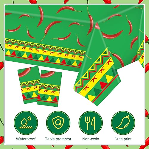 Miniatura 3 de Peryiter 4 piezas de decoración de fiesta de chili cocinero fuera de mantel de 108 x 54 pulgadas, mantel de mesa de pimienta de plástico desechable