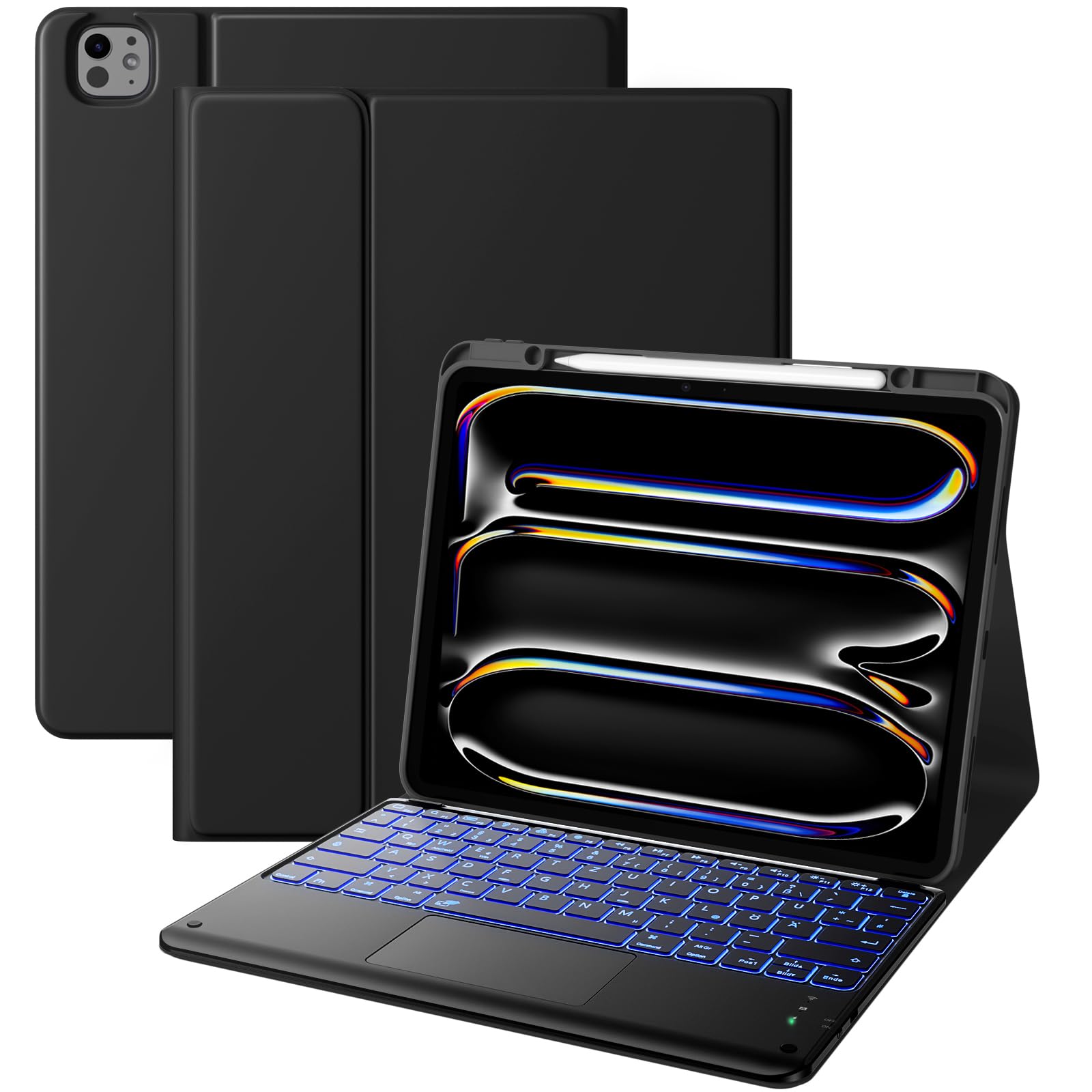 Vobafe Hülle mit Tastatur für iPad Pro 13 Zoll M5/M4 (2025/2024), Multi-Touch Trackpad Hochwertige PU Schutzhülle mit Stifthalter, QWERTZ-Layout iPad Pro 13 Tastatur, 7 Farben Beleuchtung, Schwarz