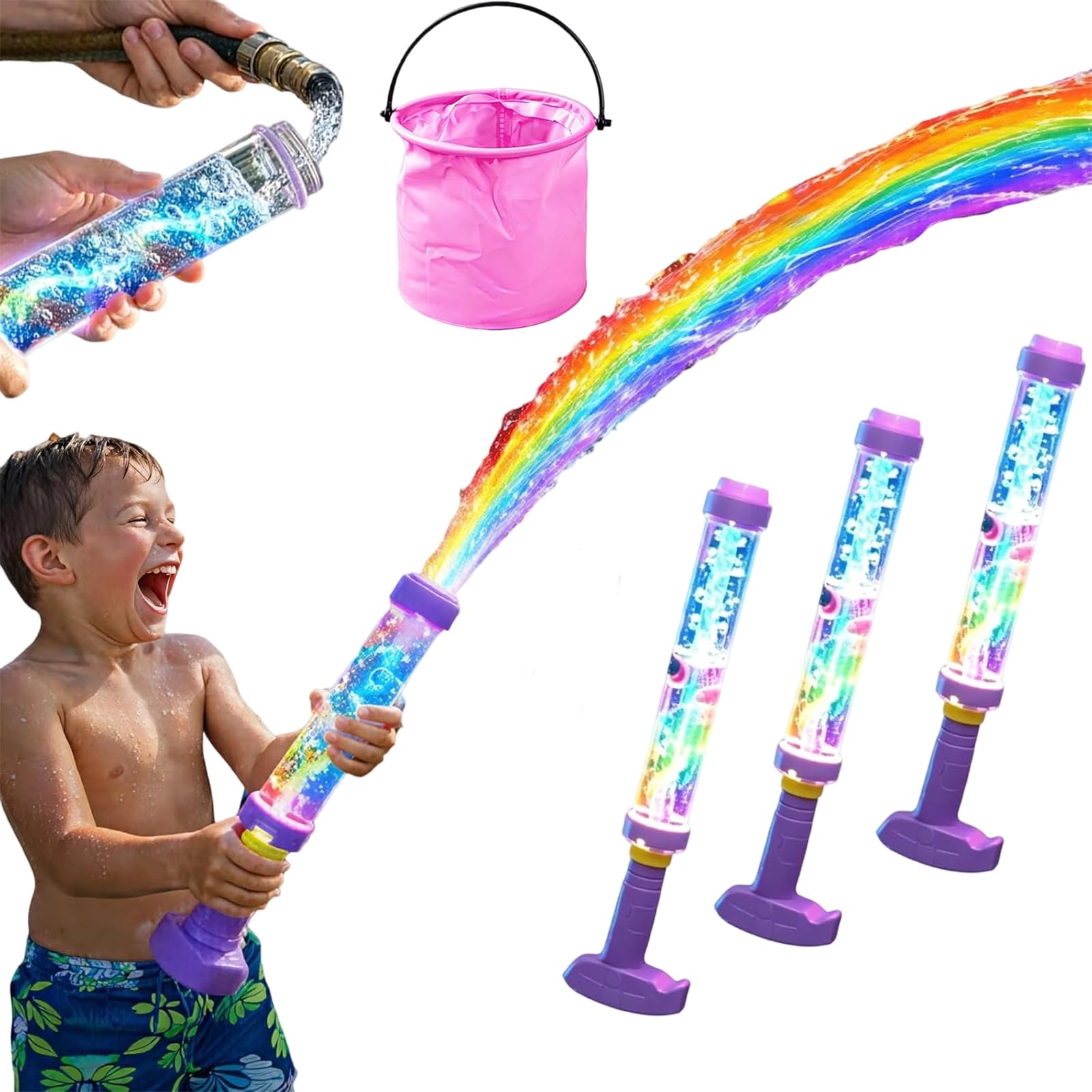 Glowing Rainbow LED Water Blaster | Summer Fun that Pops Like Magic, Glowing Rainbow Water Blaster, Pull Push Firework Waters Blasters, for Pool Parties and Outdoor Activities (3pcs)