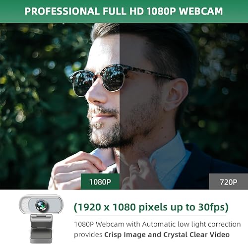 Miniatura 9 de Cámara web Full HD 1080P con obturador de privacidad y trípode, cámara web de transmisión profesional con micrófono, cámara de computadora USB