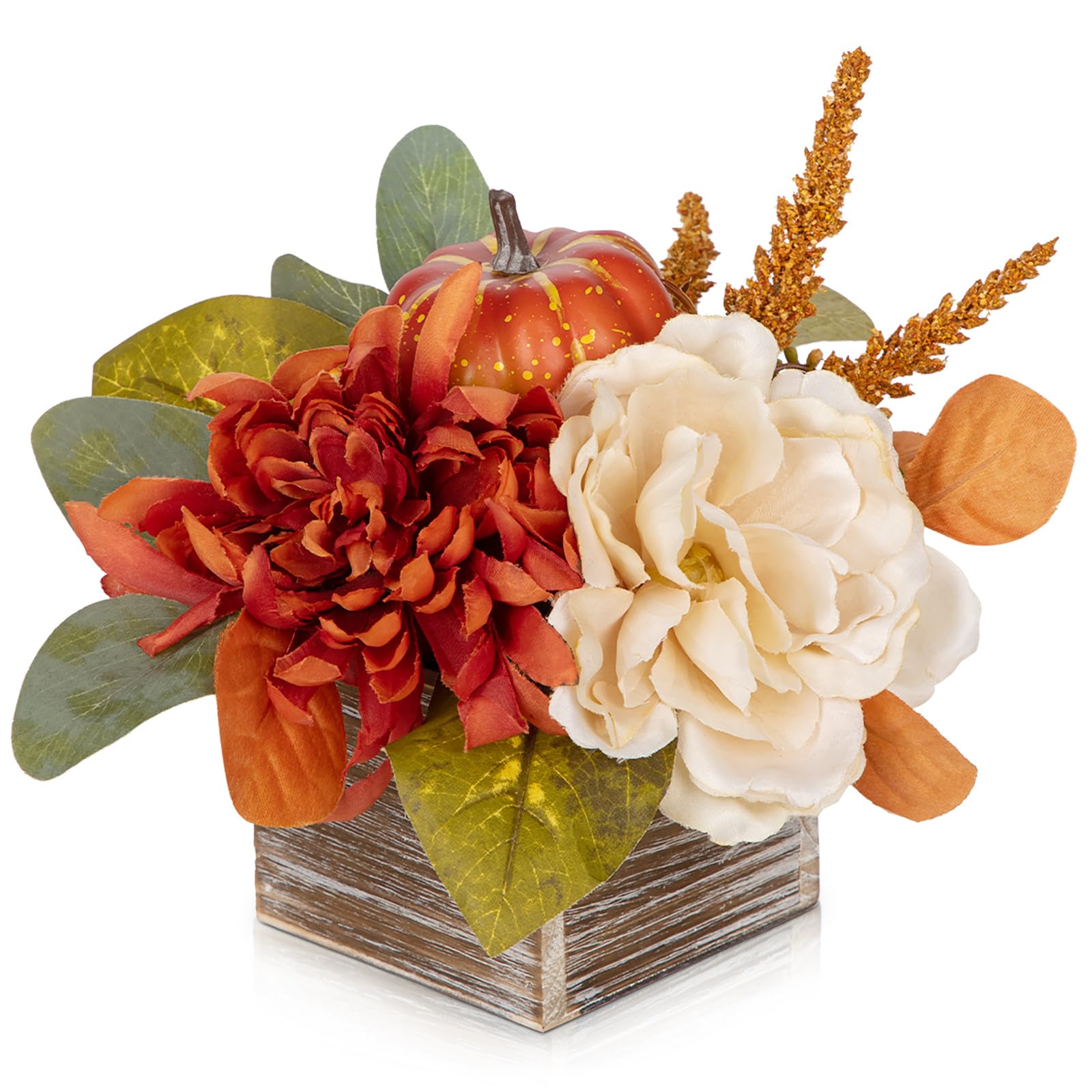 Hollyone Autumn Artificial Flowers Peony Dahlia with Mini Pumpki, Silk Fake Flowers Decorative Faux Flowers with Wooden Pot for Table Centerpiece, Kitchen,Home Decor, Wedding