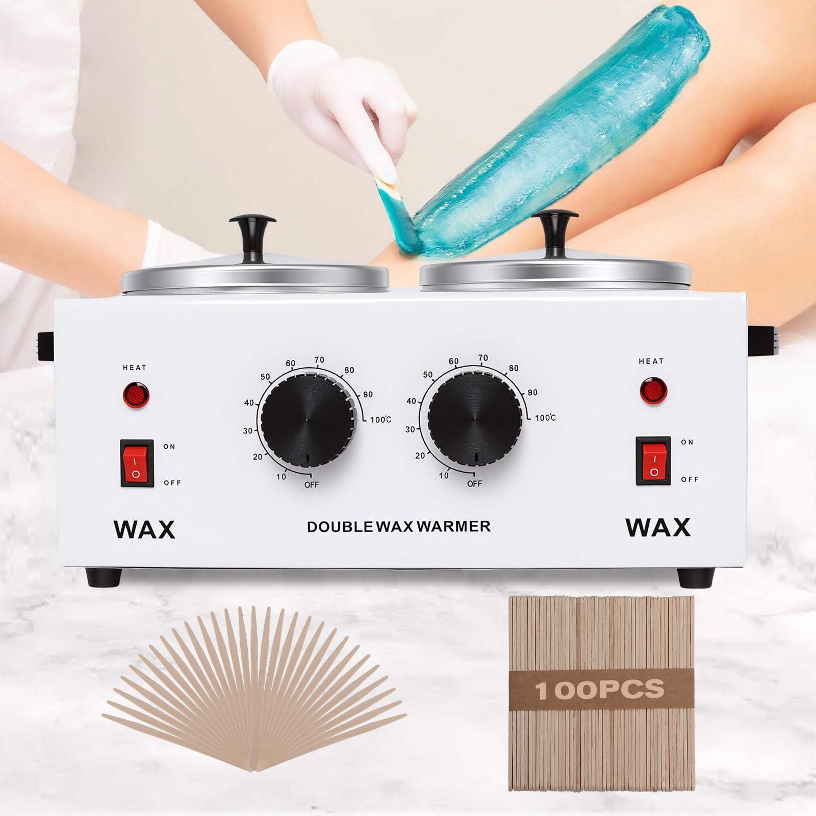 cire électrique professionnel pour le visage, le corps, le spa et le salon, double pot de 1,2 L, température réglable avec 100 bâtons en bois, machine à épilation