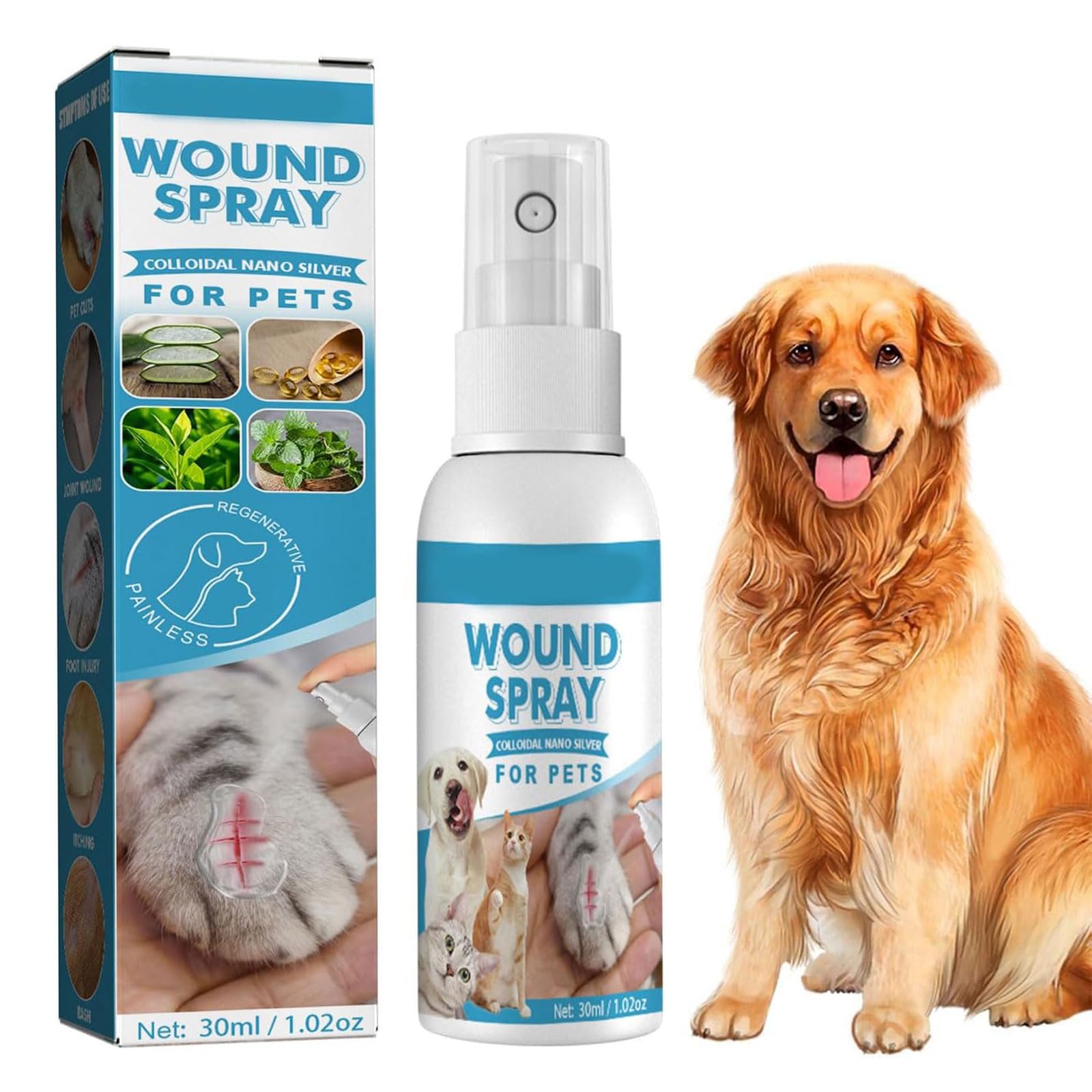 Wound Spray pour Chiens et Chats,Spray de Guérison des Plaies,Spray de Nettoyage pour Animaux de Compagnie,Pet Wound Spray,pour Animaux Ddomestiques,pour Le Nettoyage et Le Soin des Plaies,30ML