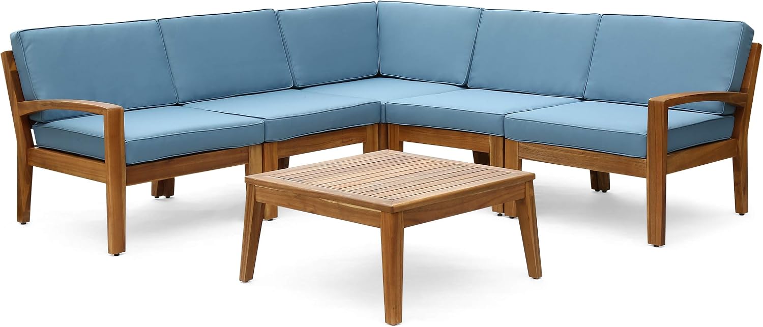 Great Deal Furniture Noble House Grenada Outdoor Acacia Wood 5 Seater Sectional Sofa Set Teak/Blue