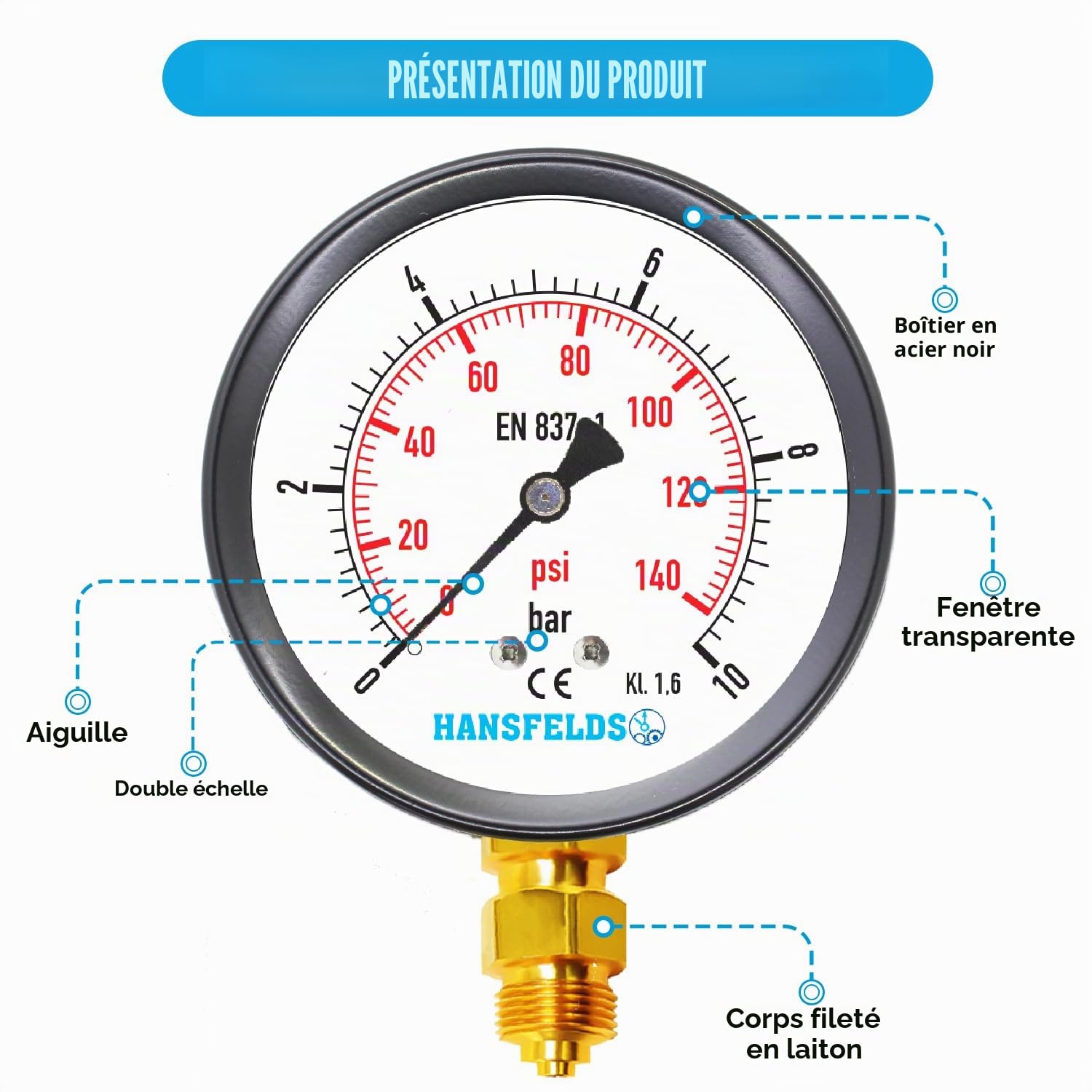 manomètre sec, 0–10 bar/psi, cadran de 63 mm, raccord inférieur en laiton G1/4" BSP, classe de précision 1.6, incluant 2 réducteurs 3/8" et 1/2".