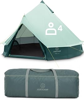 JUSTCAMP Bell Familienzelt für 4–12 Personen – wasserdichtes Tipi Zelt mit 3.000 mm Wassersäule, Stehhöhe, Moskitonetzen und eingenähtem Boden