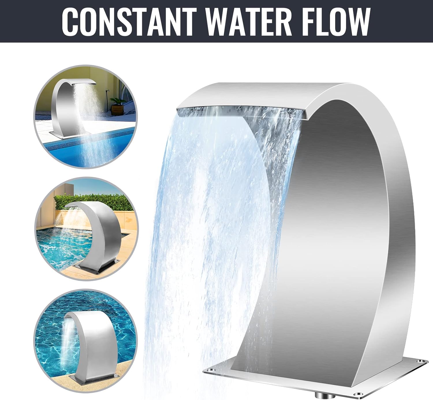 Pool Waterfall Fountains,Stainless Steel Fountain 15.4" x 7.9" x 1.5" Pool Fountains for Ground Pools Garden Outdoor Waterfalls Silver